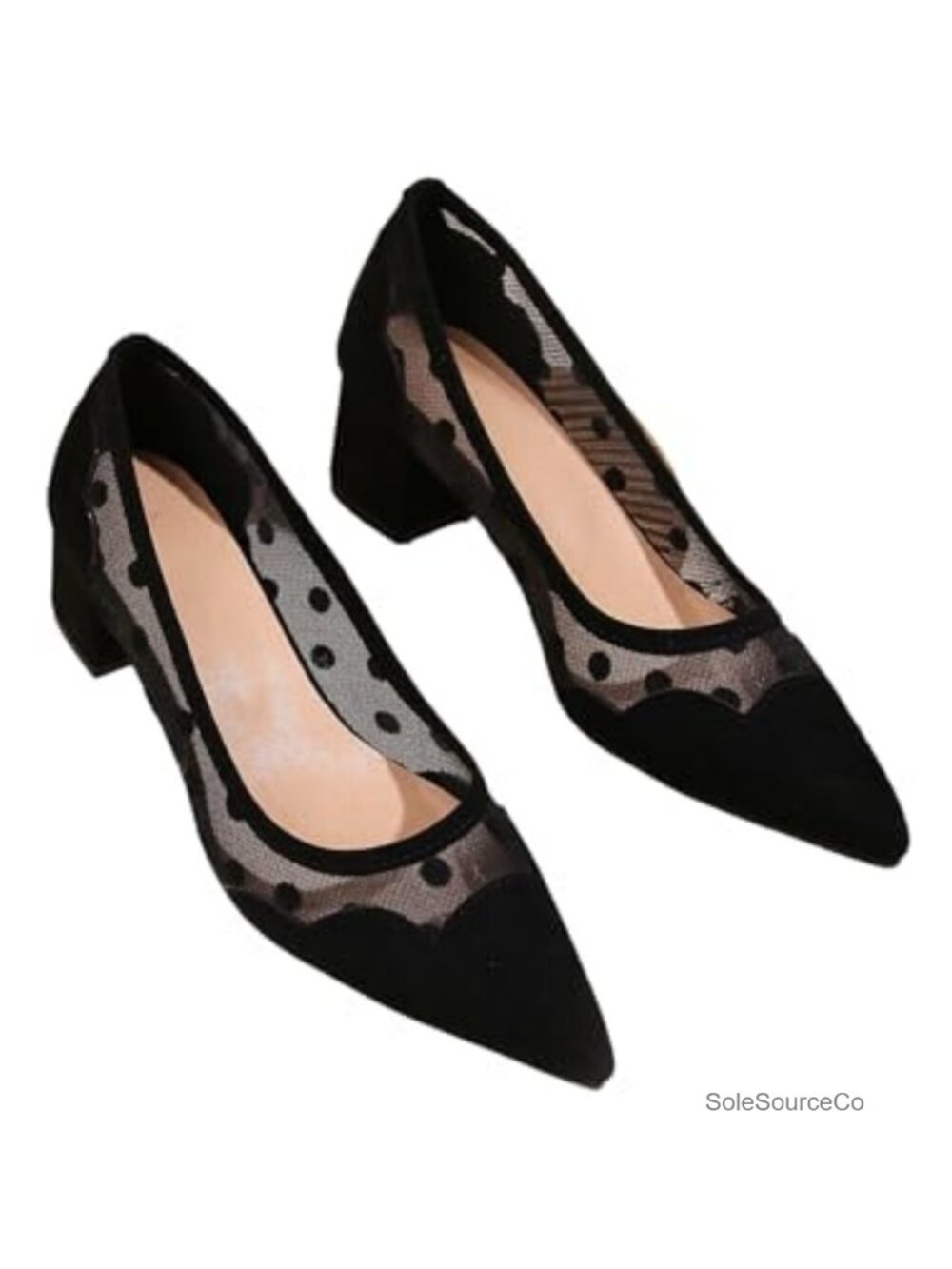 Women's Polka Dots Pointed Toe Chunky Block Heel Pumps Sheer Mesh Business